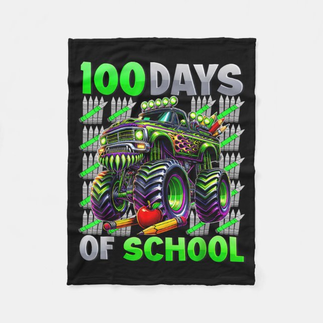 Happy 100 Days Of School Funny Monster Truck Stude Fleece Blanket (Front)