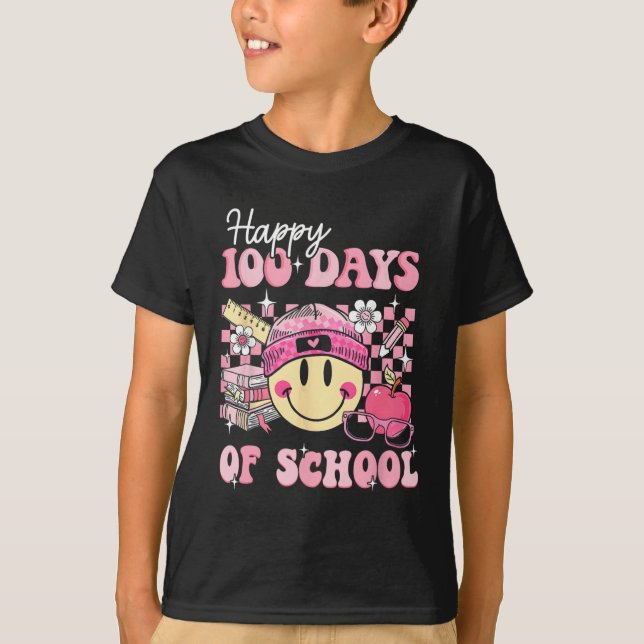 Happy 100 Days Of School Teacher Kids Retro Groovy T-Shirt (Front)