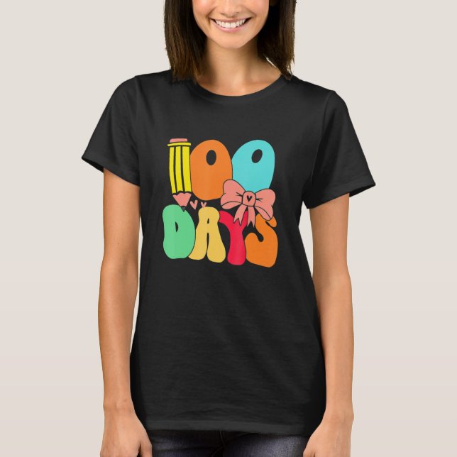 Happy 100 Days Of School Teacher Kids Retro Groovy T-Shirt (Front)