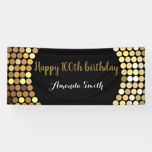 Happy 100th Birthday Banner Black and Gold Glitter