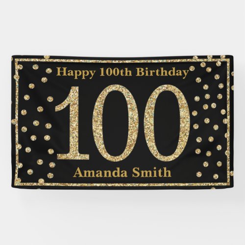 Happy 100th Birthday Banner Black and Gold Glitter