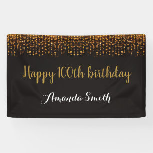 Happy 100th Birthday Banner. Black Gold Glitter Banner
