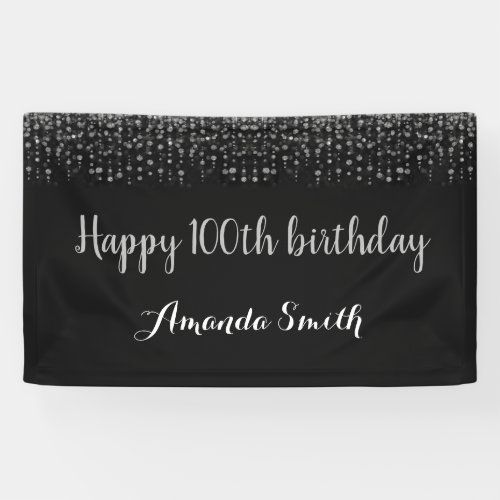 Happy 100th Birthday BannerBlack Silver Glitter Banner