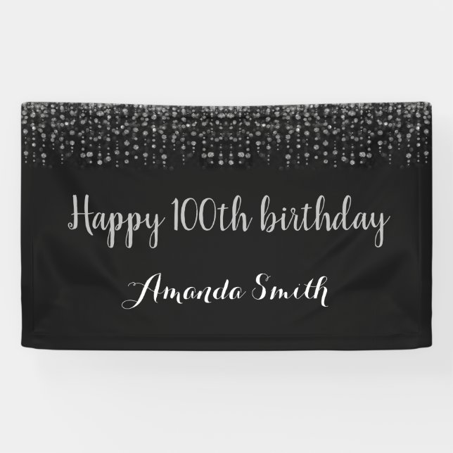 Happy 100th Birthday Banner.Black Silver Glitter Banner (Horizontal)
