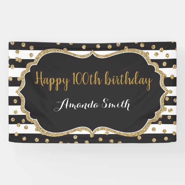 Happy 100th Birthday Banner. Gold Glitter Confetti Banner (Horizontal)