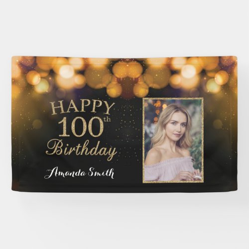 Happy 100th Birthday Banner Gold Glitter Photo Banner