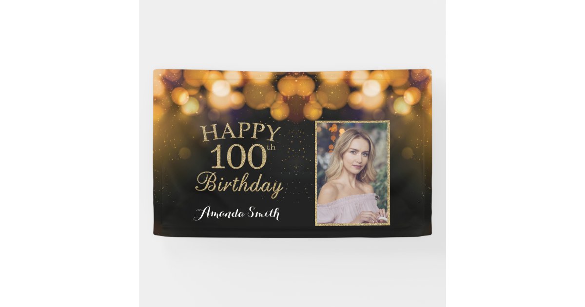 Happy 100th Birthday Banner. Gold Glitter Photo Banner | Zazzle