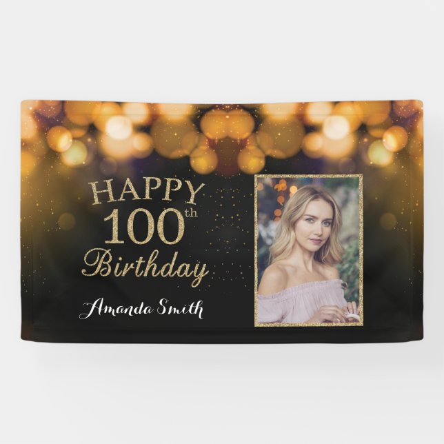 Happy 100th Birthday Banner. Gold Glitter Photo Banner (Horizontal)