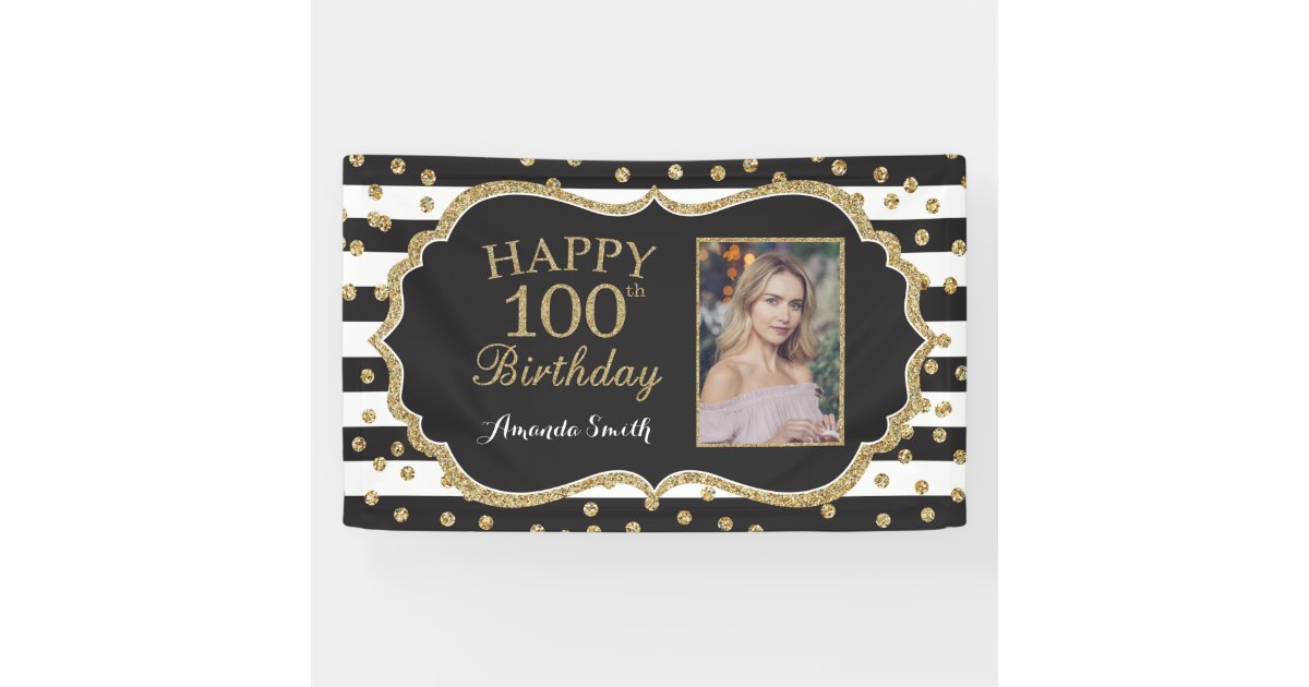 Happy 100th Birthday Banner. Gold Glitter Photo Banner | Zazzle