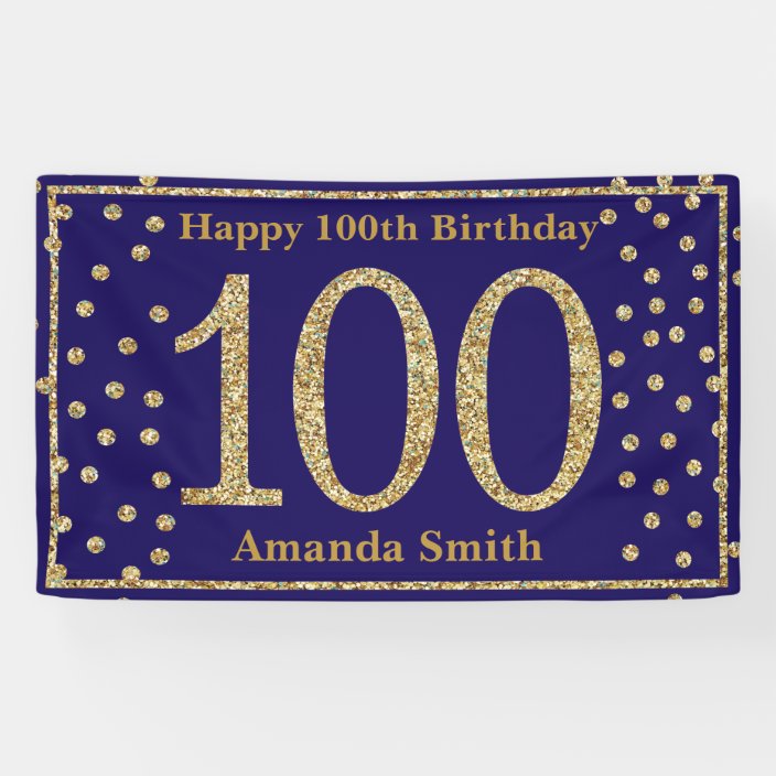 Happy 100th Birthday Banner Navy Blue Gold Glitter