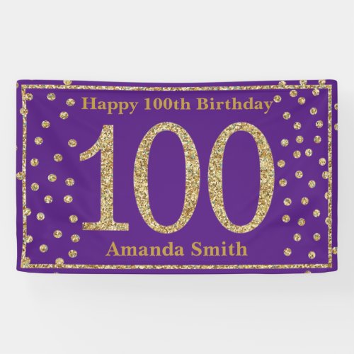 Happy 100th Birthday Banner Purple Gold Glitter