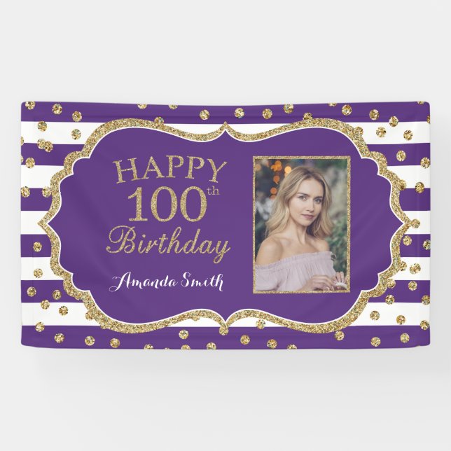 Happy 100th Birthday Banner Purple Gold Photo (Horizontal)