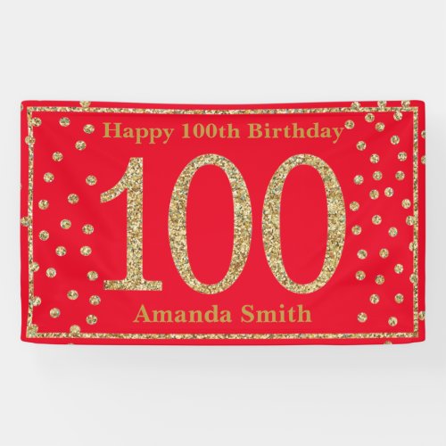 Happy 100th Birthday Banner Red Gold Glitter
