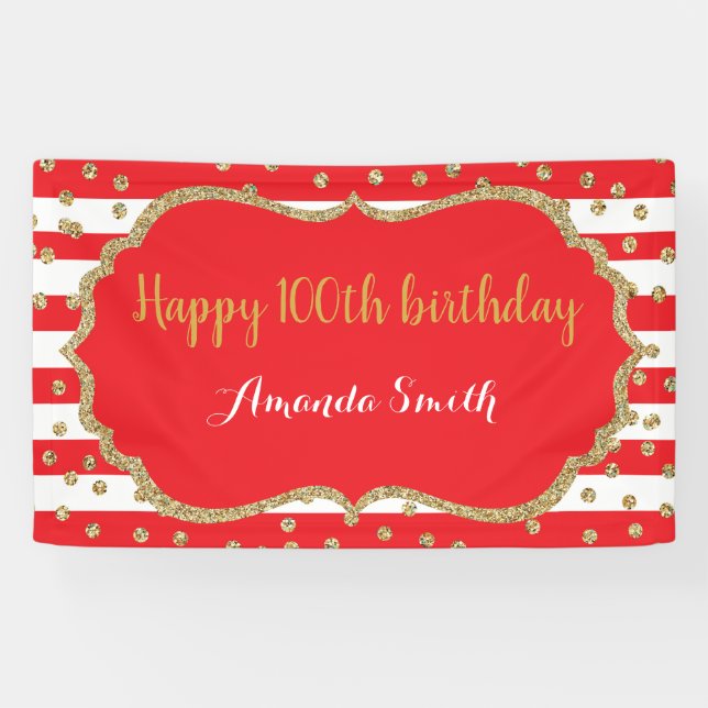 Happy 100th Birthday Banner Red Gold Glitter (Horizontal)