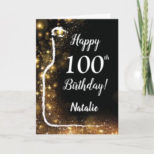 Happy 100th Birthday Black and Gold Glitter Wine
