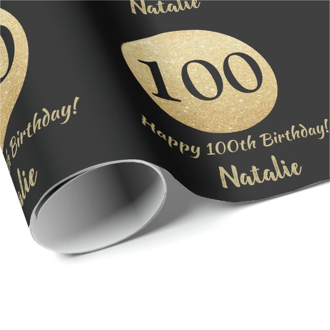 Happy 100th Birthday Black and Gold Glitter Wrapping Paper (Roll Corner)