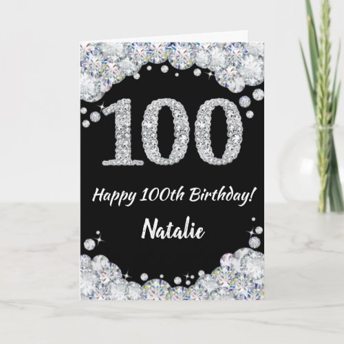 Happy 100th Birthday Black and Silver Glitter Card