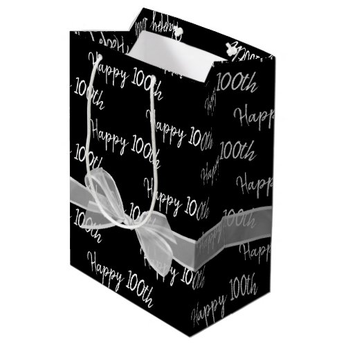 Happy 100th Birthday Bow On Black Medium Gift Bag