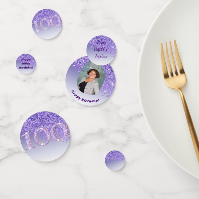 Happy 100th Birthday Chic Falling Purple Glitter Confetti (Group)