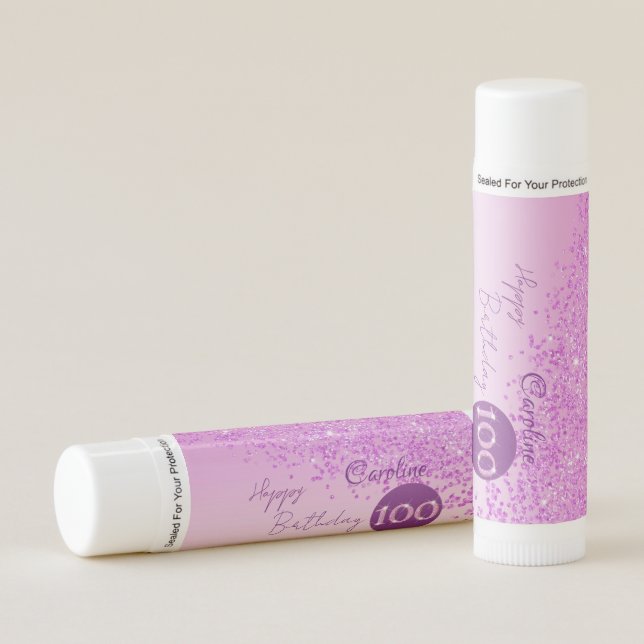 Happy 100th Birthday Chic Pink Glitter  Lip Balm (Front)