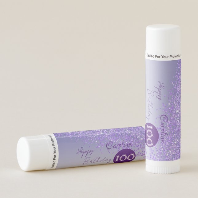 Happy 100th Birthday Chic Purple Glitter  Lip Balm (Front)