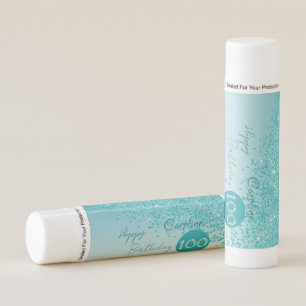 Happy 100th Birthday Chic Teal Blue Glitter Lip Balm