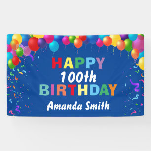 Happy 100th Birthday Colorful Balloons Blue Banner