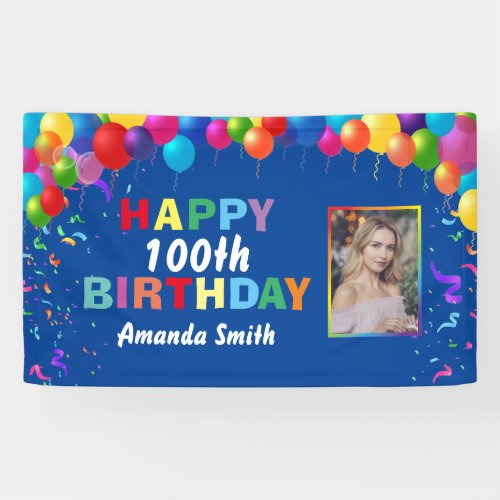Happy 100th Birthday Colorful Balloons Blue Banner
