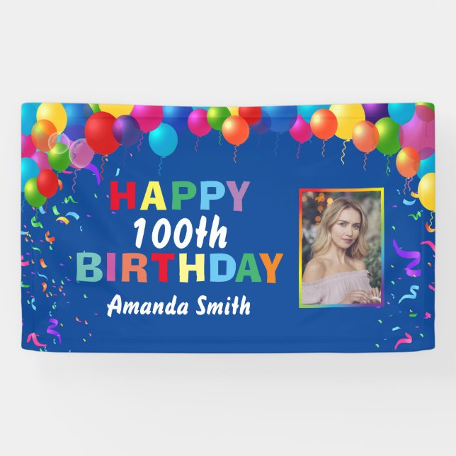 Happy 100th Birthday Colorful Balloons Blue Banner (Horizontal)