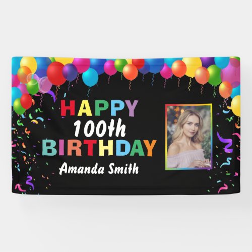 Happy 100th Birthday Colorful Balloons Confetti Banner
