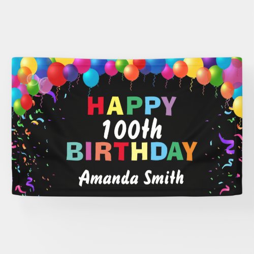 Happy 100th Birthday Colorful Balloons Confetti Banner