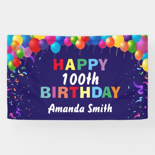 Happy 100th Birthday Colorful Balloons Navy Blue Banner