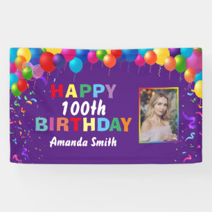 Happy 100th Birthday Colorful Balloons Purple Banner