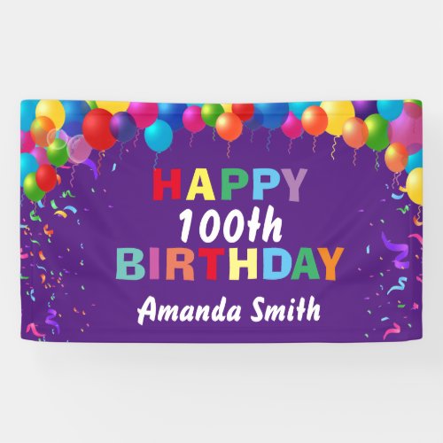 Happy 100th Birthday Colorful Balloons Purple Banner