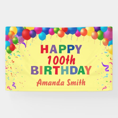 Happy 100th Birthday Colorful Balloons Yellow Banner