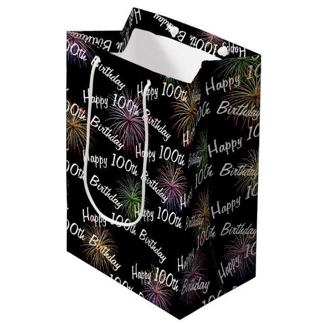 Happy 100th Birthday fireworks on black Medium Gift Bag (Front Angled)