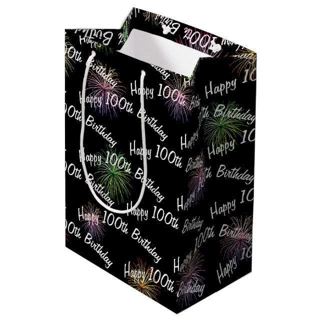 Happy 100th Birthday fireworks on black Medium Gift Bag (Back Angled)