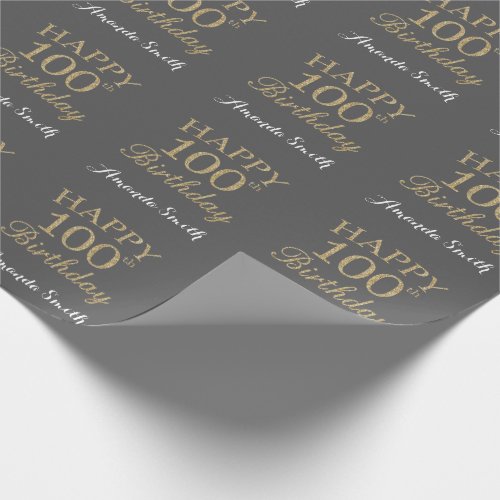 Happy 100th Birthday Gold Glitter and Gray Wrapping Paper