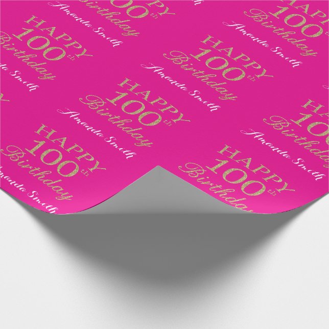 Happy 100th Birthday Gold Glitter and Hot Pink Wrapping Paper (Corner)