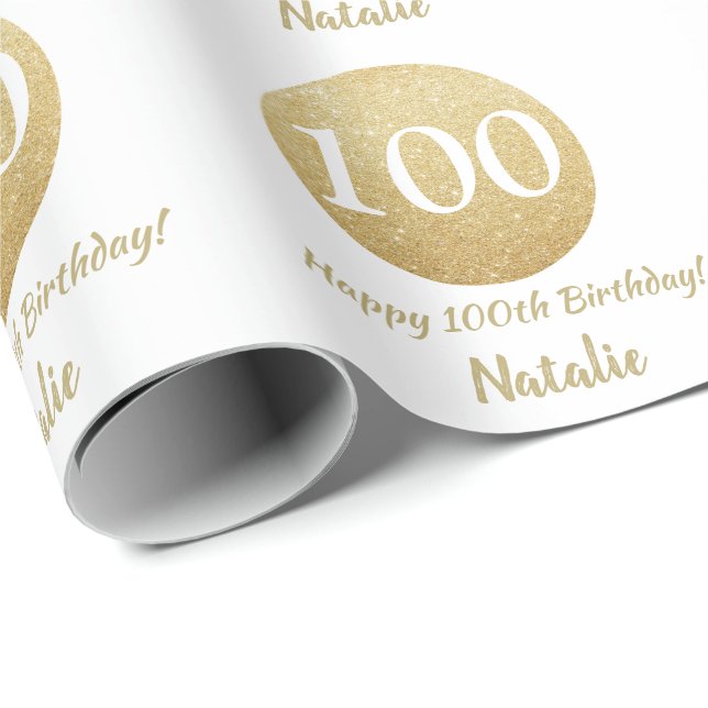 Happy 100th Birthday Gold Glitter and White Wrapping Paper (Roll Corner)