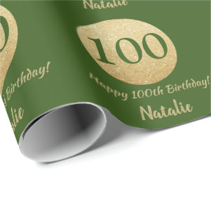 Happy 100th Birthday Green and Gold Glitter Wrapping Paper