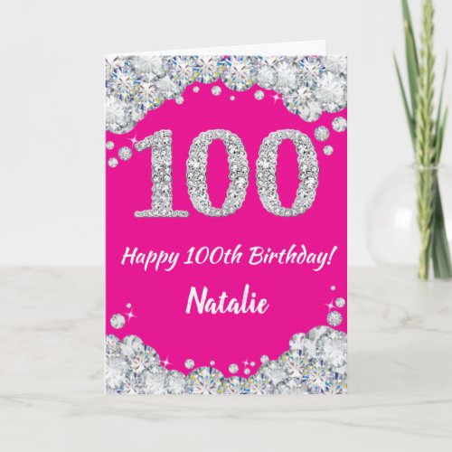 Happy 100th Birthday Hot Pink and Silver Glitter Card