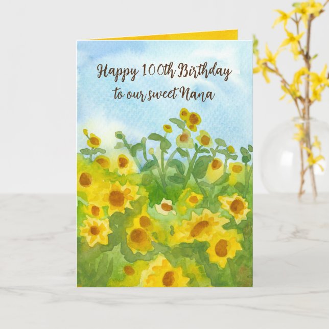 Happy 100th Birthday Nana Sunflowers Custom Age Card (Yellow Flower)