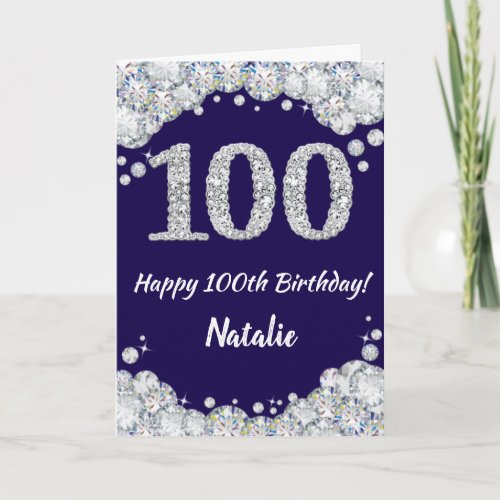 Happy 100th Birthday Navy Blue and Silver Glitter
