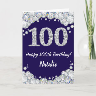 Happy 100th Birthday Navy Blue and Silver Glitter Card