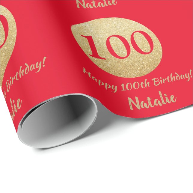 Happy 100th Birthday Red and Gold Glitter Wrapping Paper (Roll Corner)