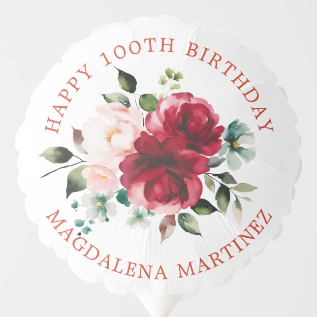 Happy 100th Birthday Red Pink Floral Custom Balloon (Front)
