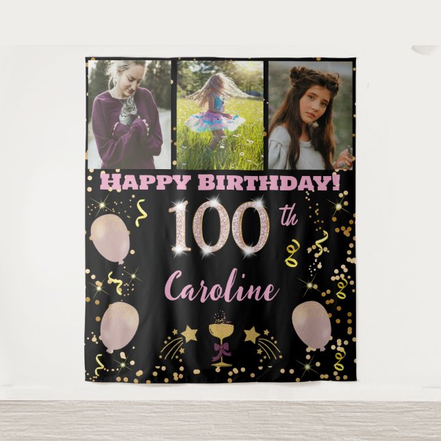 Happy 100th Birthday Rose Gold Glitter, 3 photos Tapestry (Front)