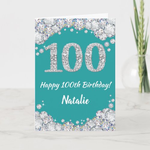 Happy 100th Birthday Teal and Silver Glitter Card