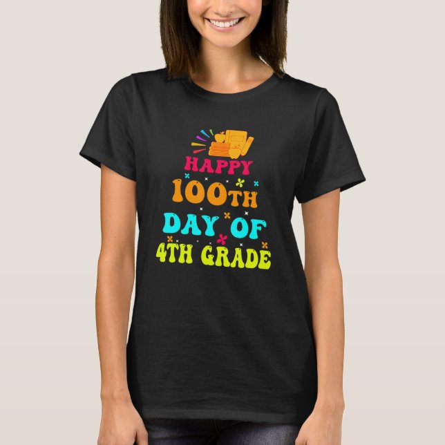 Happy 100th Day of 4th Grade Teacher Student Retro T-Shirt (Front)